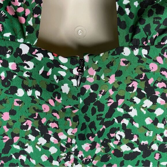 Topshop Animal Print Satin Open Back Green Flutter Sleeve Mini Dress Size 2 - Picture 12 of 16